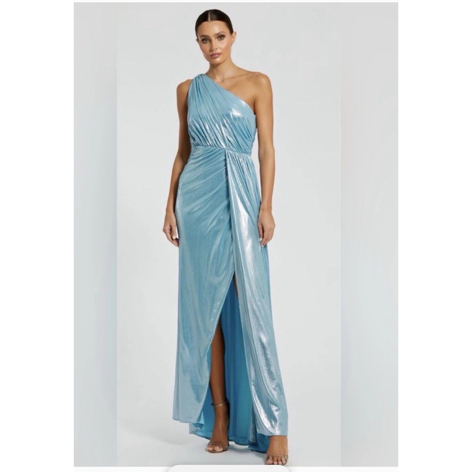 Mac Duggal Size 14 26537 Metallic One-Shoulder Maxi Gown Dress Prom Blue New
